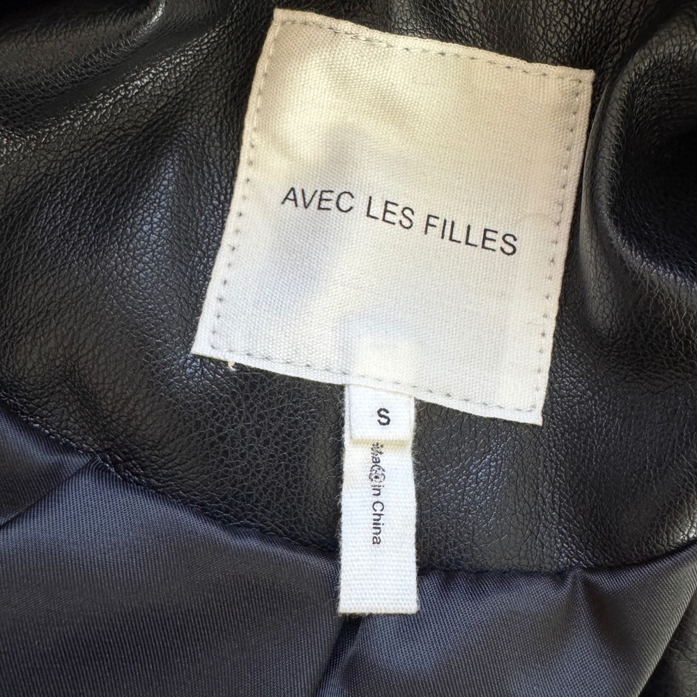 Avec Les Filles Womens Black Faux Vegan Leather Tailored Blazer Jacket Oversized - Picture 3 of 7